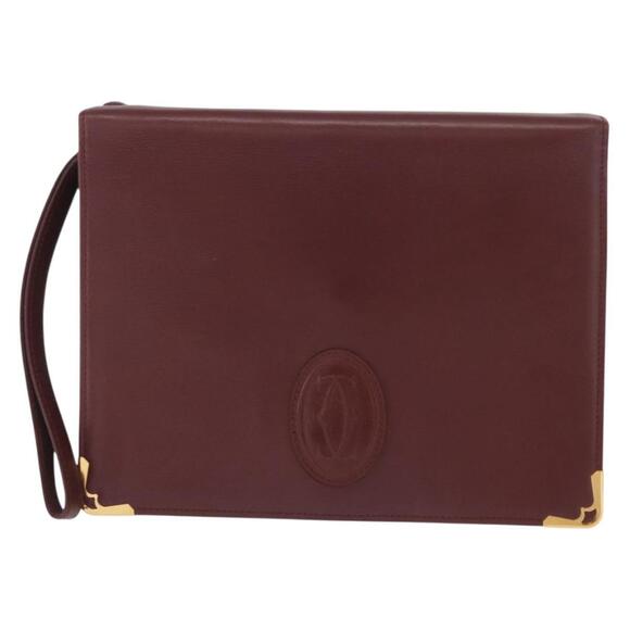 CARTIER Must Line Clutch Bag Leather Bordeaux Gold Auth BA9535